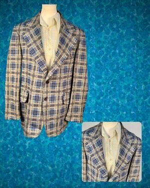 Vintage 70s Tan Powder Blue Check Leisure Suit Warm Weather Blazer 44"